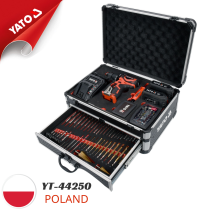 The Yato YT-44250 18V 42Nm cordless drill without carbon brushes 126 pieces set - Made in Poland.