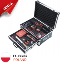 The Yato YT-44252 18V 42Nm cordless drill without carbon brushes, made in Poland, consists of 96 pieces.