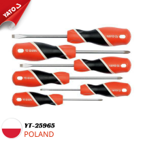 The Yato YT-25965 6-piece screwdriver set includes 2 and 4-edge screwdrivers with sizes of 3/5/6mm PH0/1/2, all equipped with magnets.