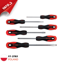 The Yato YT-2783 6-piece screwdriver set includes 2 and 4-edge screwdrivers with sizes 3/5/6mm PH0/1/2, each equipped with a magnet.