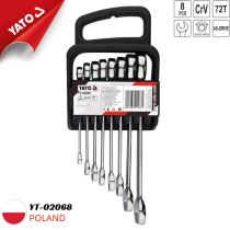 The Yato YT-02068 is an 8-piece set of reversible ratchet combination wrenches with a size range of 8-19mm. This tool is made in Poland.