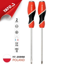 The Yato YT-25998 2-piece screwdriver set includes a (-) 6x150 and a (+) PH2x150mm screwdriver. This tool is made in Poland.