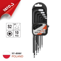 The Yato YT-0561 is a high-quality, 10-piece long hex key set with a ball head, made in Poland.