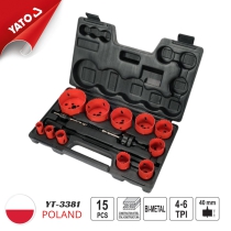 The YATO YT-3381 hole saw set is a comprehensive tool kit designed for cutting holes.