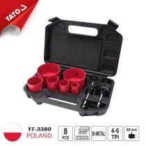 The 9PCS YATO YT-3380 electric hole saw set is a tool used for cutting precise holes in various materials such as wood, plastic, and metal. This set typically includes different sizes of hole saws, a mandrel, and other accessories needed for the cutting p