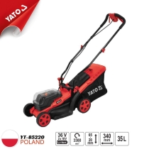 Hand-push grass cutter with 36V (2x18V) 2x2Ah battery, 340mm cutting width, 35L grass box - Yato YT-85220 - Poland