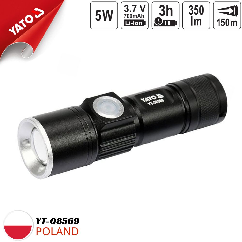  Đèn pin XT-E CREE 5W USB, 94X27mm Yato YT-08569 - Ba Lan