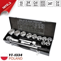 Yato YT-1334 - ポーランド製 - 15ピース - 3/4インチ - 30-60mm - ラチェットハンドルセット