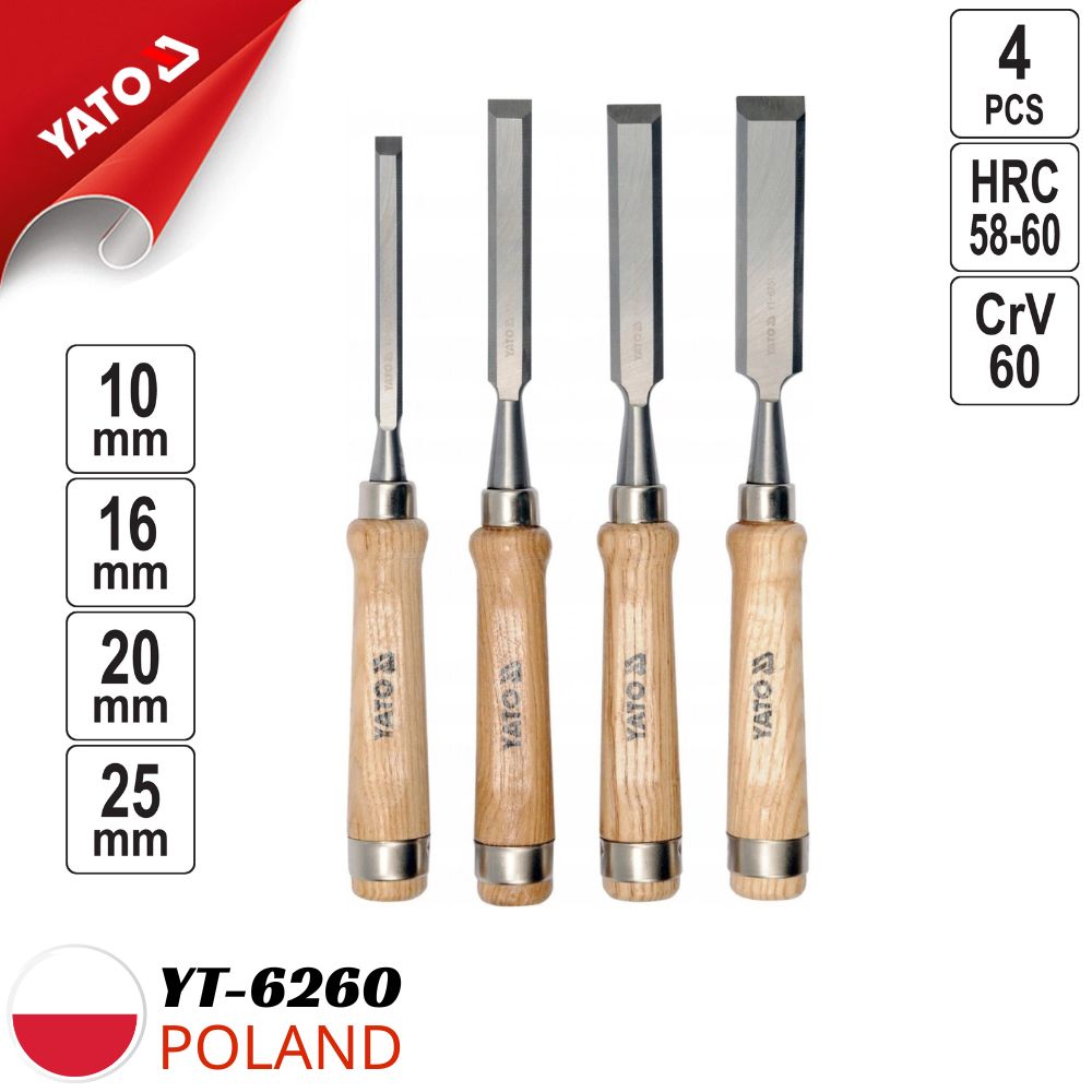  Bộ đục gỗ 4 chi tiết 10-16-20-25mm Yato YT-6260 - Ba Lan