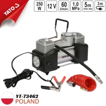The Yato YT-73462 250W LED Car Tire Pump is a powerful and efficient tool for inflating car tires. This device is equipped with a 250W LED light that provides illumination in low-light conditions, making it easier to use the pump at night or in dark envir