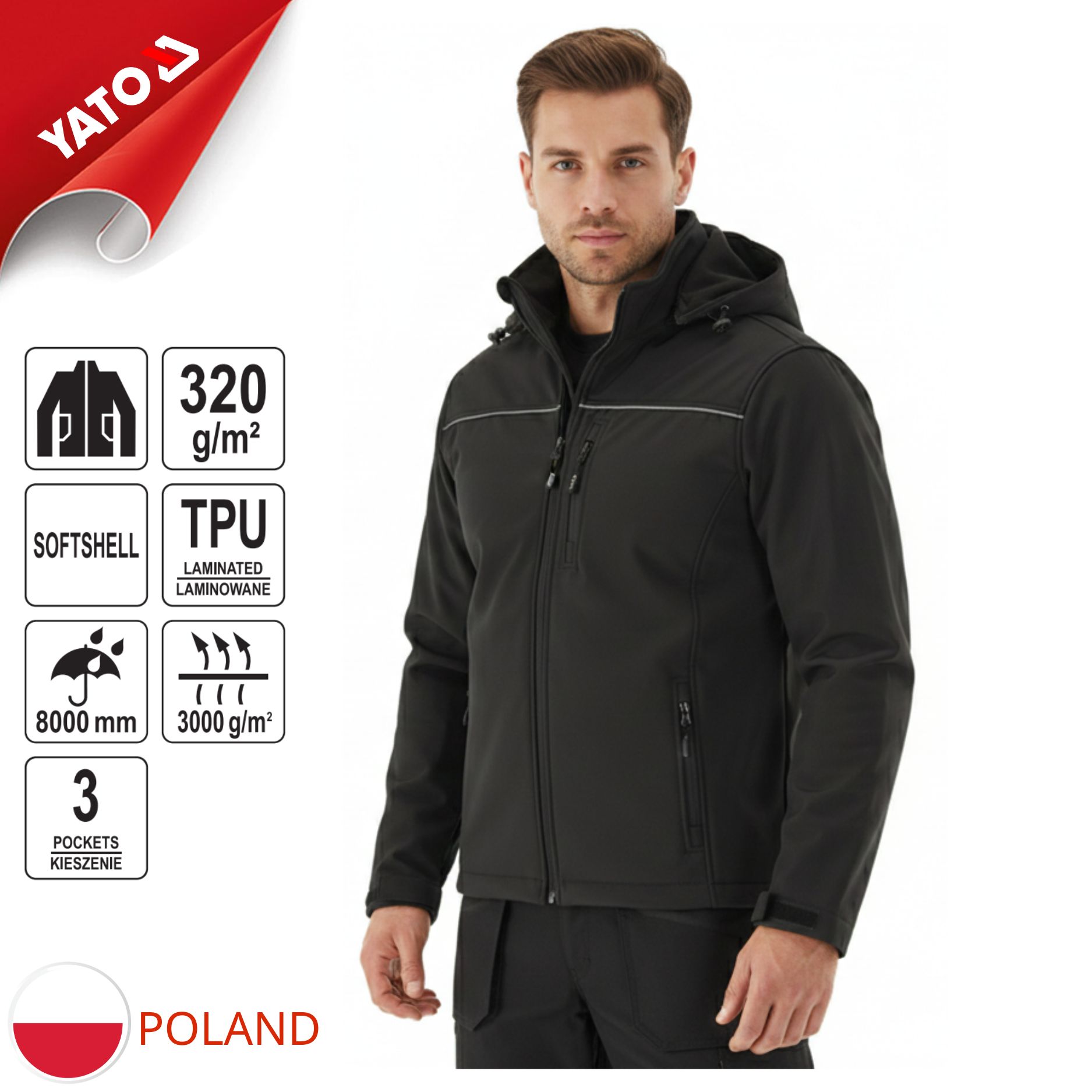  Áo khoác có mũ vải TPU chống nước đen size từ: S-3XL Yato YT-79550