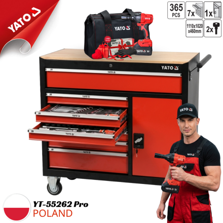 365-Piece 8-Drawer Professional Tool Trolley with Wooden Top - Yato YT-55262 Pro