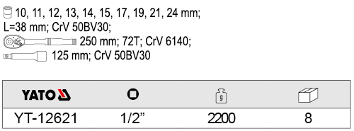 Bộ tuýp tay vặn tổng hợp 1/2 inch 12 chi tiết Yato YT-12621