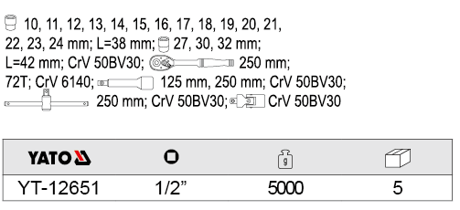 Bộ tuýp tay vặn tổng hợp 1/2inch 23 chi tiết Yato YT-12651