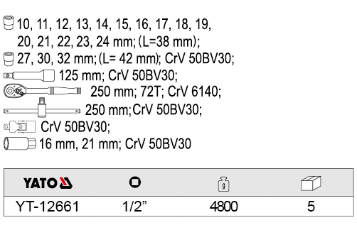 Bộ tuýp tay vặn tổng hợp 1/2 inch 24 chi tiết Yato YT-12661